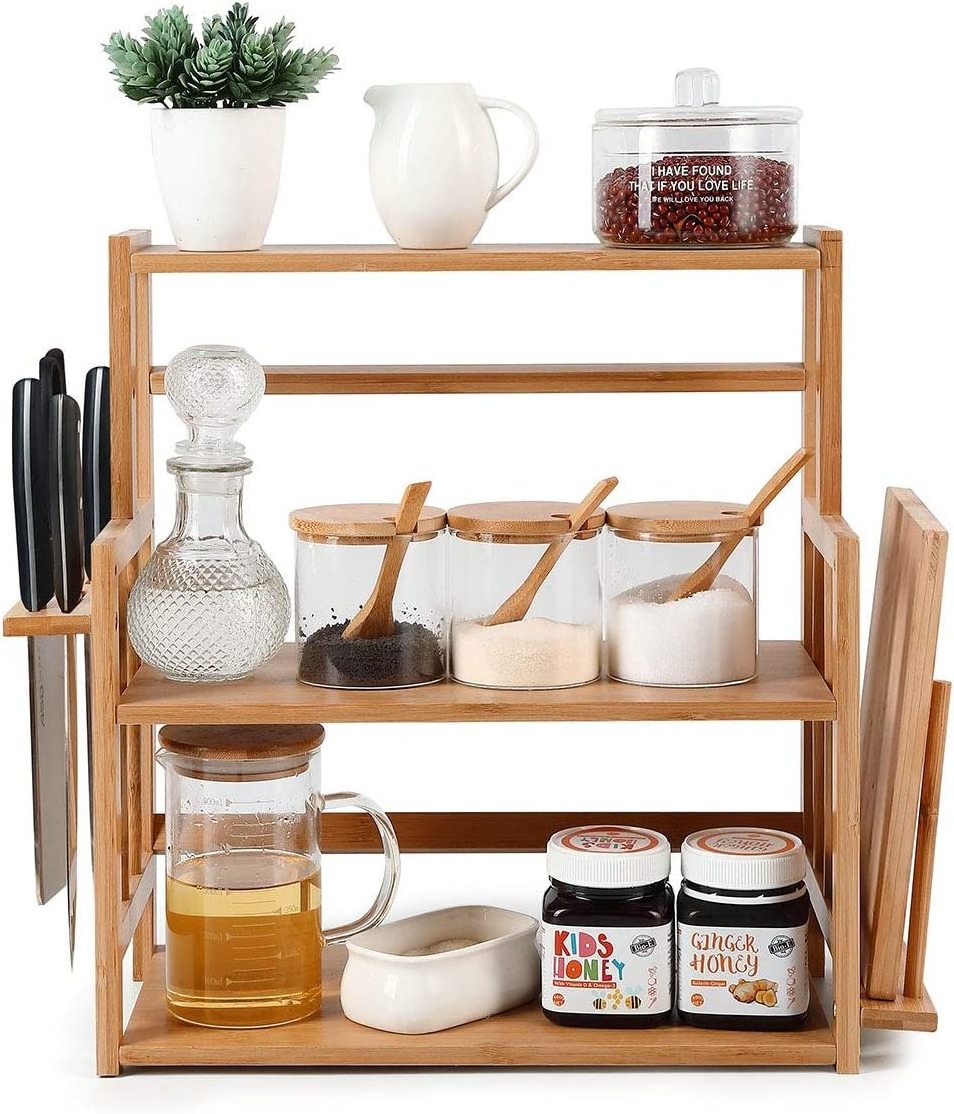 Bamboo Spice Rack Storage Shelves-3 tier Standing pantry Shelf for kitchen counter storage,Bathroom Countertop Storage Organizer