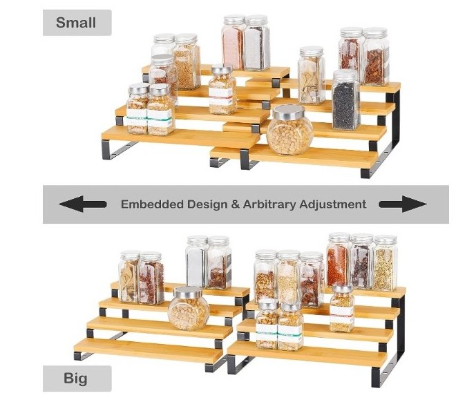 4 Tier Spice Rack Organizer for Cabinet 4 Pack Bamboo Extendable Display Spice Storage Rack