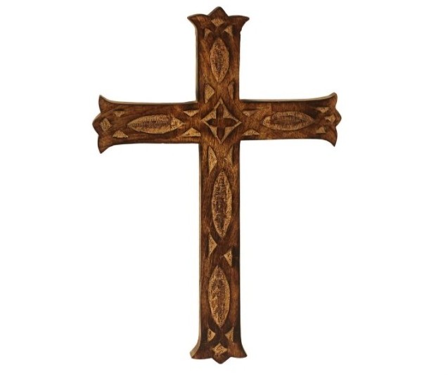 Decorative Wooden Wall Mounted Cross With Brown Wood Polish Finishing Embossed Design Premium Quality For Church Use