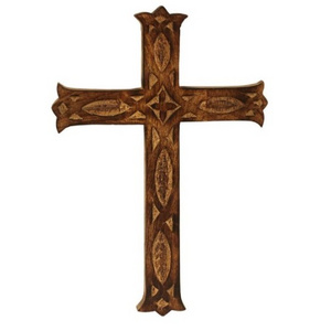 Decorative Wooden Wall Mounted Cross With Brown Wood Polish Finishing Embossed Design Premium Quality For Church Use