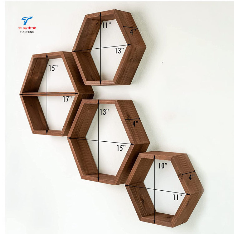 Custom Wall Mounted Floating Cube Honeycomb Natural Wood Hexagon Shelf for Wall Boho Organizer