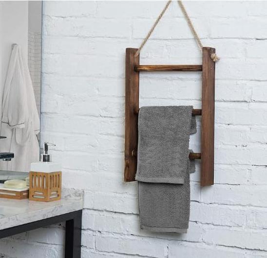 3-Tier Mini Rustic Dark Brown Wood Wall-Hanging Hand Towel Ladder with Rope bathroom storage rack