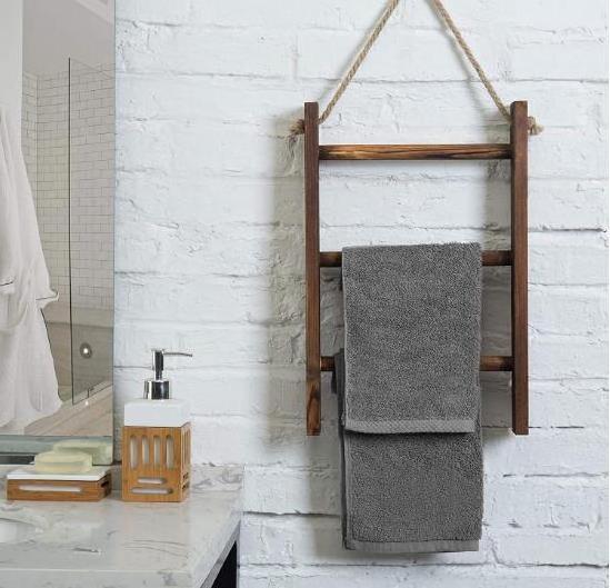 3-Tier Mini Rustic Dark Brown Wood Wall-Hanging Hand Towel Ladder with Rope bathroom storage rack