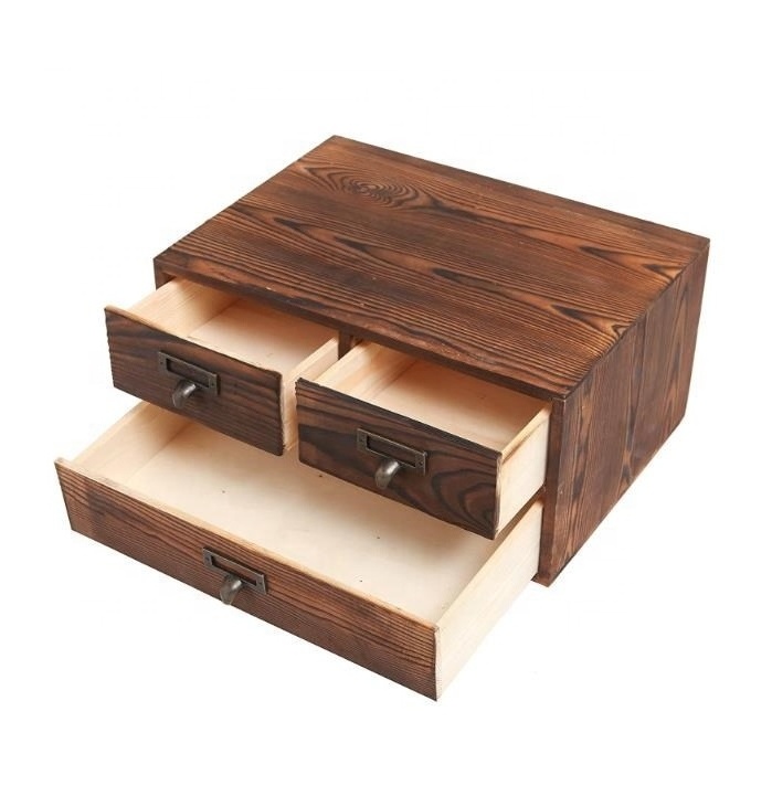 Small country style dark brown wooden office storage shoe rack  jewelry storage box 3 drawers