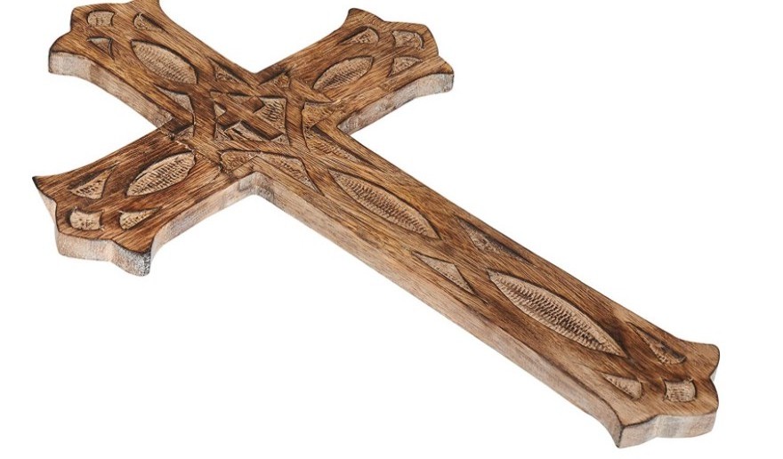 Decorative Wooden Wall Mounted Cross With Brown Wood Polish Finishing Embossed Design Premium Quality For Church Use