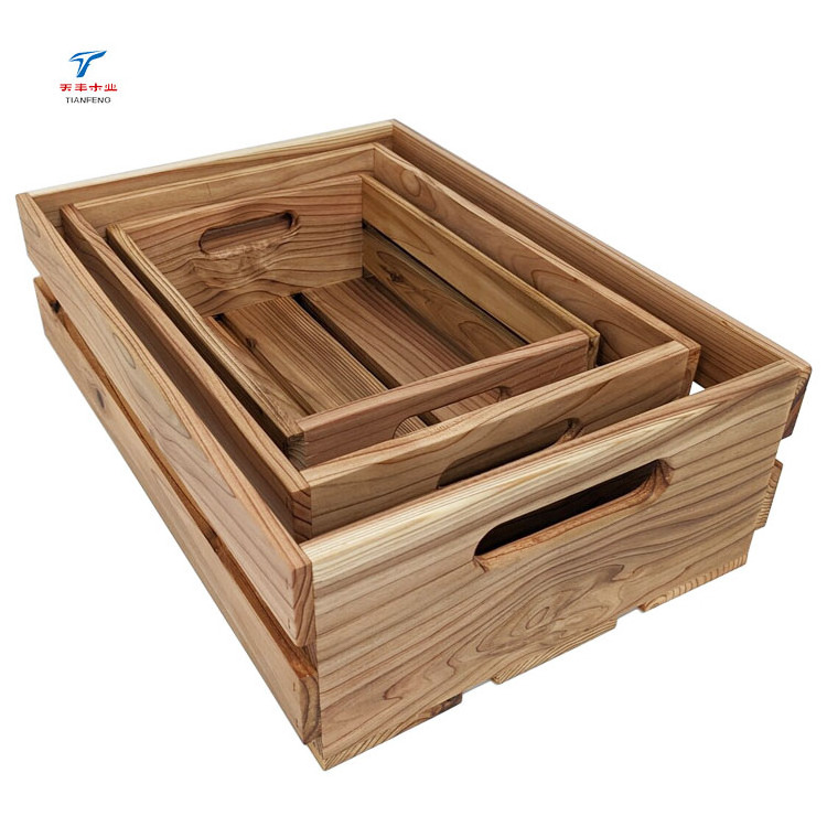 Custom Set of 3 Rustic Nesting Vegetables Storage Container Wood Crate with Handle for Storage