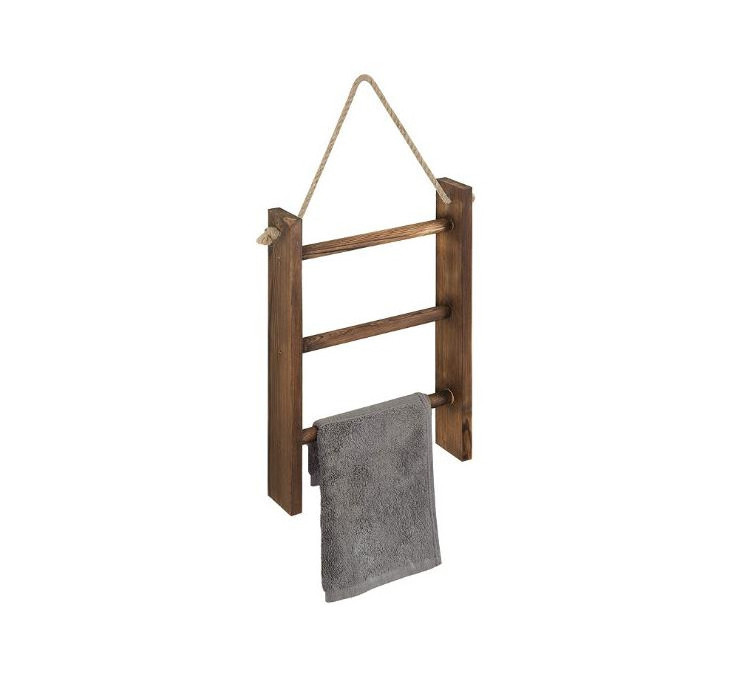 3-Tier Mini Rustic Dark Brown Wood Wall-Hanging Hand Towel Ladder with Rope bathroom storage rack