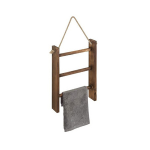 3-Tier Mini Rustic Dark Brown Wood Wall-Hanging Hand Towel Ladder with Rope bathroom storage rack