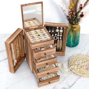 5-Layer Large OrganizerJewelry Box with Mirror & 4 Drawers for Wowen's Rings, Earrings, Necklaces, Vintage Style Torched wood