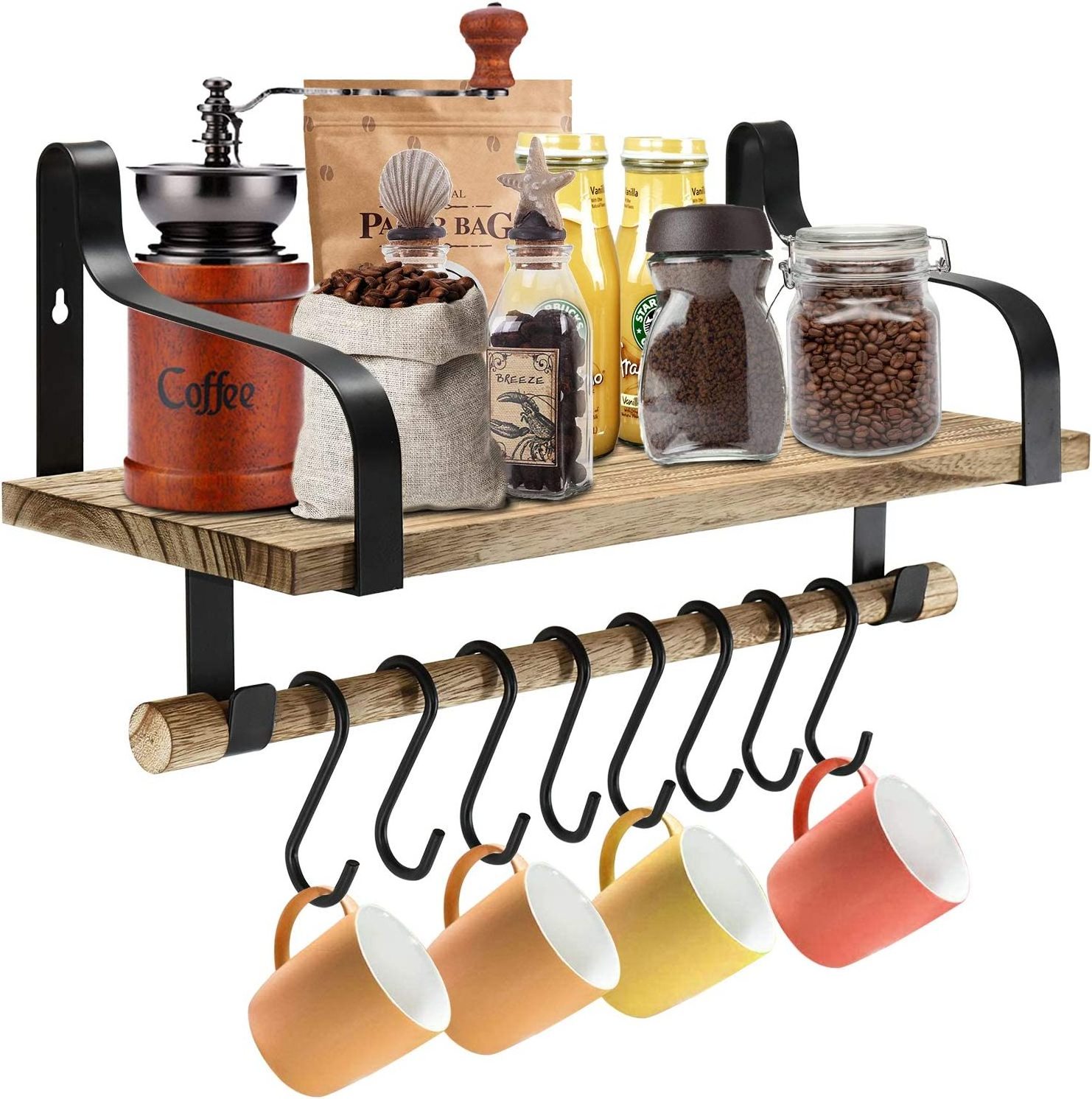 Wall Mount Coffee Mug Holder Rack, Coffee Cup Organizer with 8 Hooks and Storage Shelf, Storage Hooks for Coffee Bar Decor