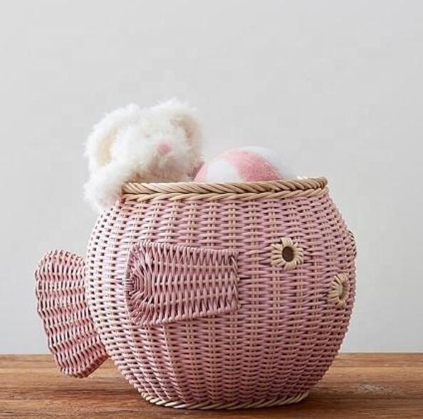 Hand Woven Rattan Storage Basket Cute Fish Shaped Basket With Lid Perfect For Kids Toys And Decoration