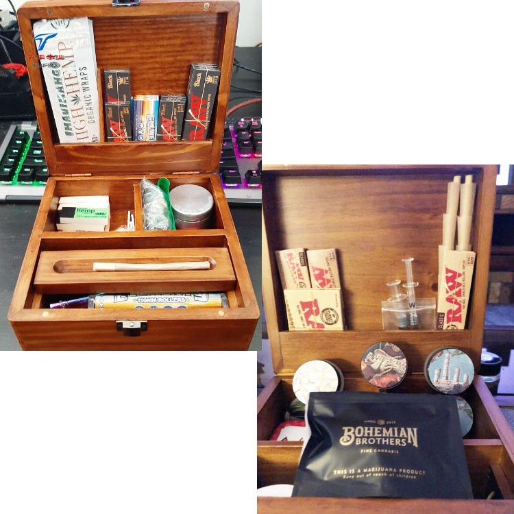 Custom Large Acacia Wood Storage Smell Proof Container Stash Box with Rolling Tray with Lid