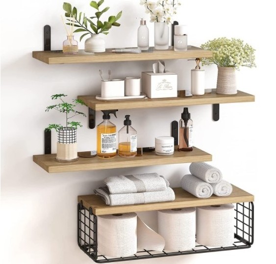 3-Tier Bathroom Shelf Wall Mounted Retro Wood Shelf with Towel Bar Utility Storage Shelf Rack for Bathroom