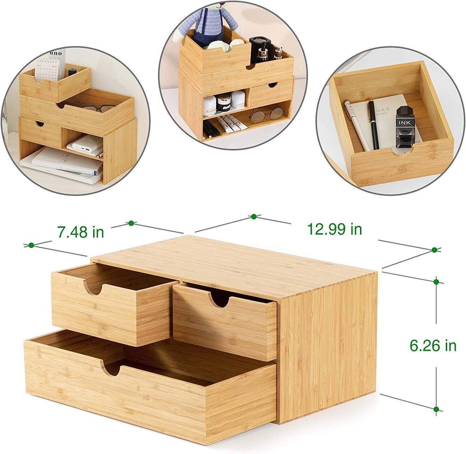 100% Original Bamboo Desk Organizer - Mini Bamboo Desk Drawer Tabletop Storage Organization Box for Office Home No Assembly