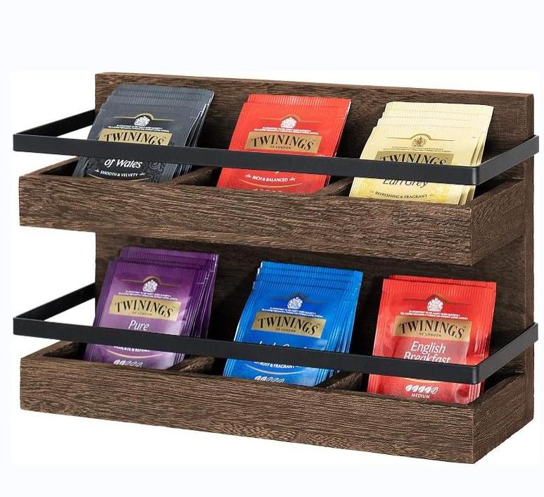 2 Tier Rustic Wood Tea Bags Holder Wall Mounted Tea Box for Tea Storage Coffee Condiment Display Shelf