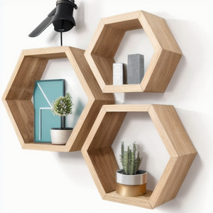 3-Pack Modern Vintage Hexagon Wall Decor Floating Shelves Iron & Rattan Decorative Storage Rack Set