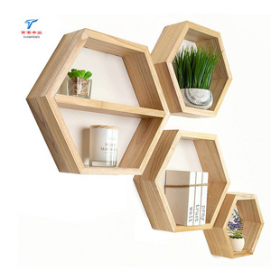 Custom Wall Mounted Floating Cube Honeycomb Natural Wood Hexagon Shelf for Wall Boho Organizer