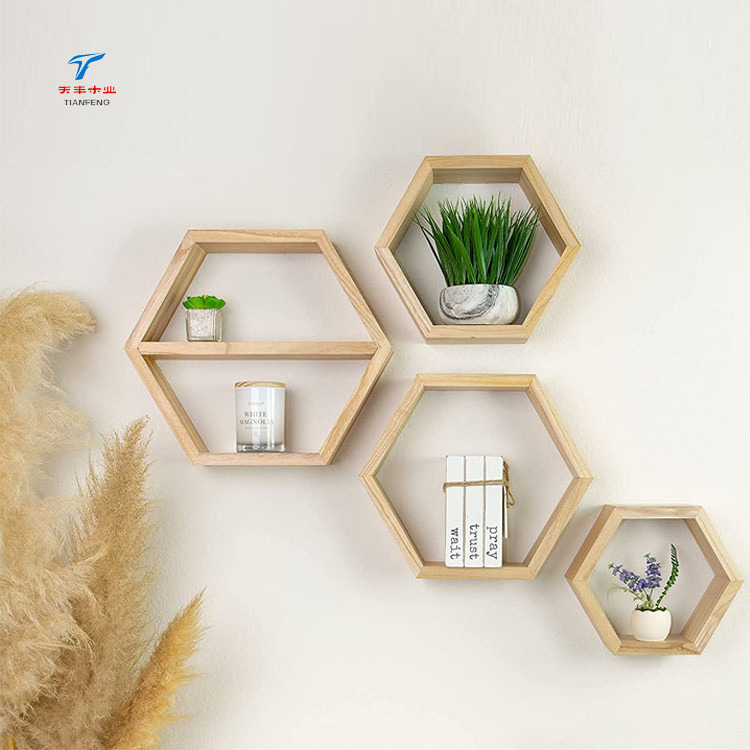 Custom Wall Mounted Floating Cube Honeycomb Natural Wood Hexagon Shelf for Wall Boho Organizer