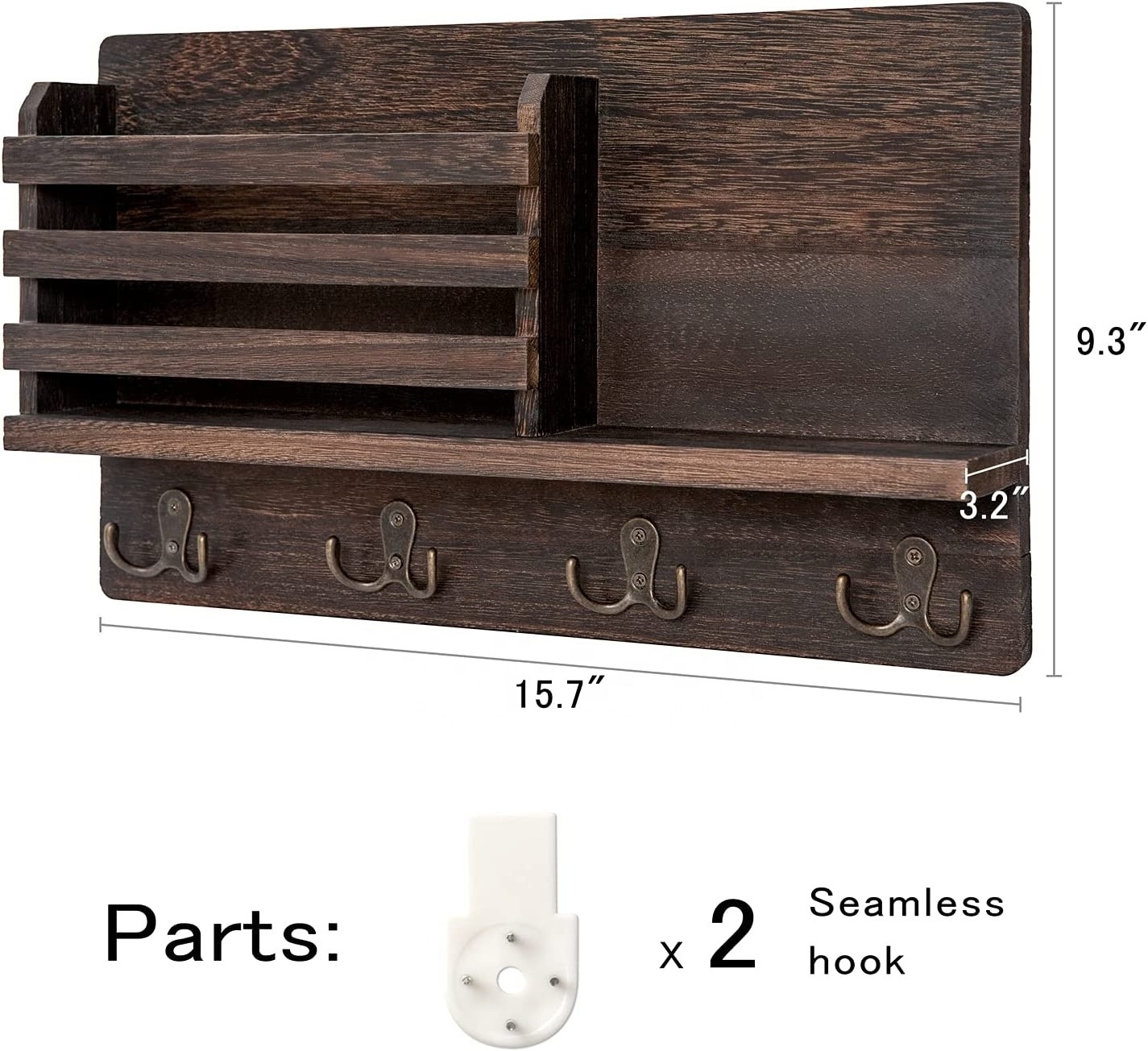 Caoxian Tianfeng Wall Mounted Mail Holder Wooden Key Holder Rack Mail Sorter Organizer with 4 Double Key Hooks