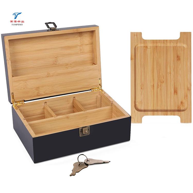 Luxury rustic black Smell Proof wooden Herb Storage Set tobacco stash box with Rolling Tray