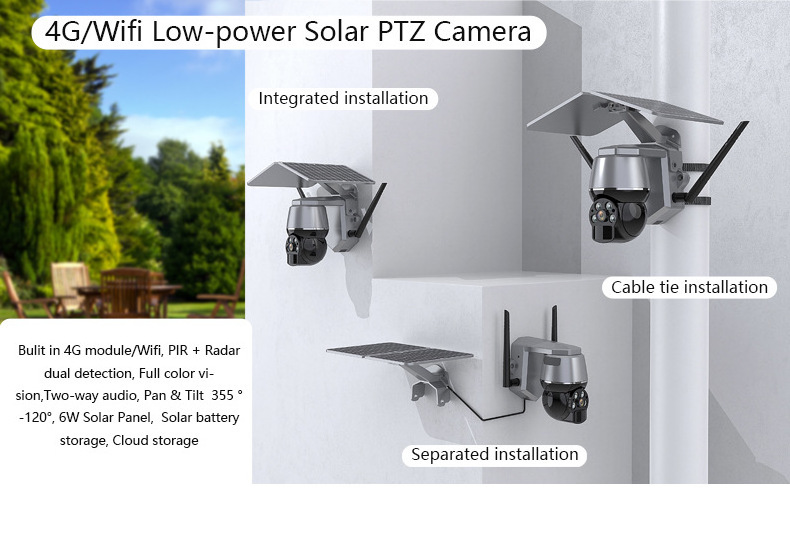 3MP New Design 2pcs Solar Panels Rechargeable Battery Ptz Outdoor Solar Camera for Farm in Black Camera Solaire 4g Color H.265