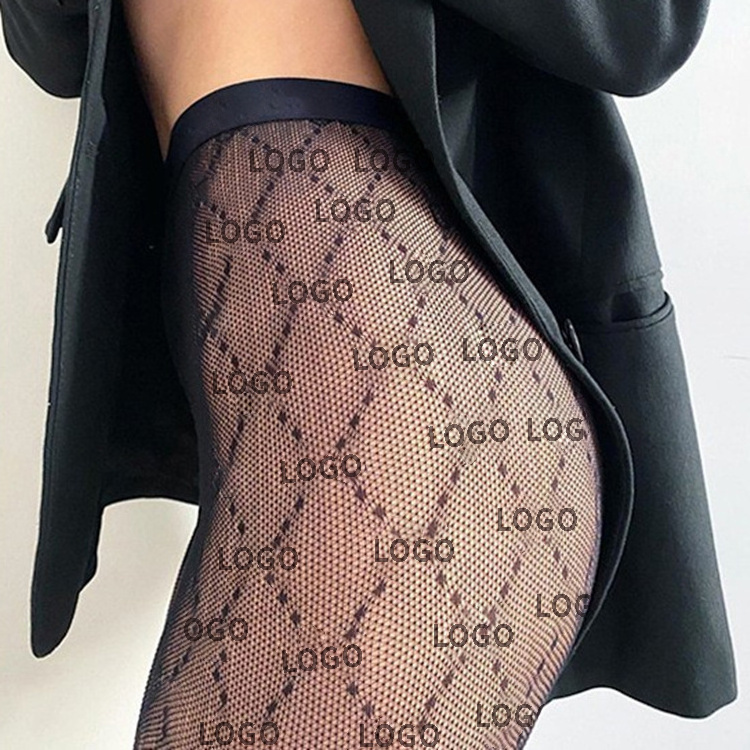 2022 factory logo custom new fashion women seamless jacquard fishnet socks fun sexy mesh black tights with bottom tights