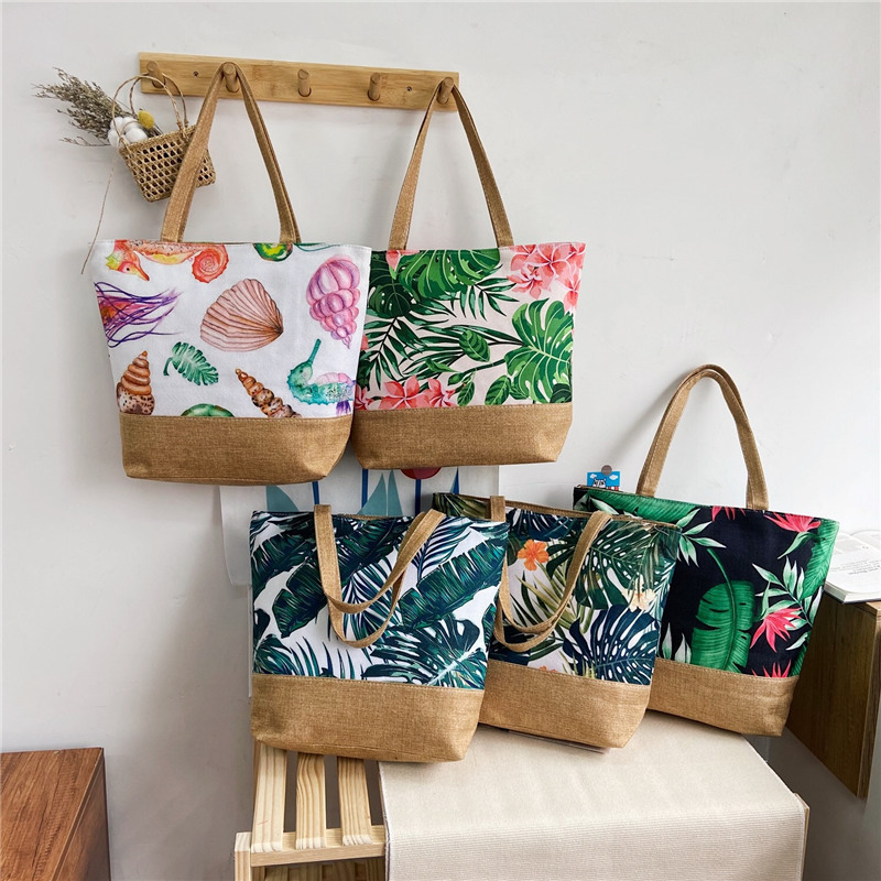 2024 Summer Tropical Floral Printed Beach Bags Ladies Big Shoulder Tote Bag Casual Women's Canvas Handbags For Shopping