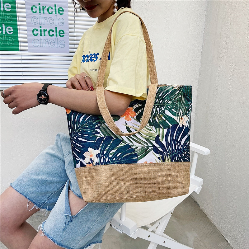 2024 Summer Tropical Floral Printed Beach Bags Ladies Big Shoulder Tote Bag Casual Women's Canvas Handbags For Shopping