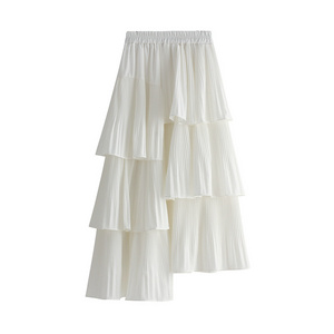 Korean Fashion Pleated Skirt Women Pure Color Asymmetrical High Waist Cupcake Skirts Ruffles Patchwork Elegant A-line Faldas