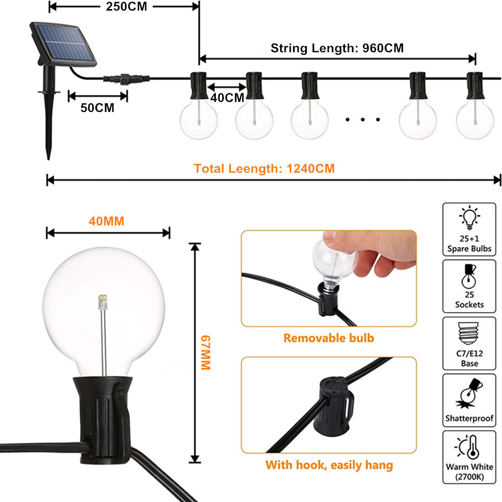 G40 Solar Party Light With Shatterproof Globe Bulbs Waterproof Outdoor String Light For Garden Wedding Party Holiday Lighting