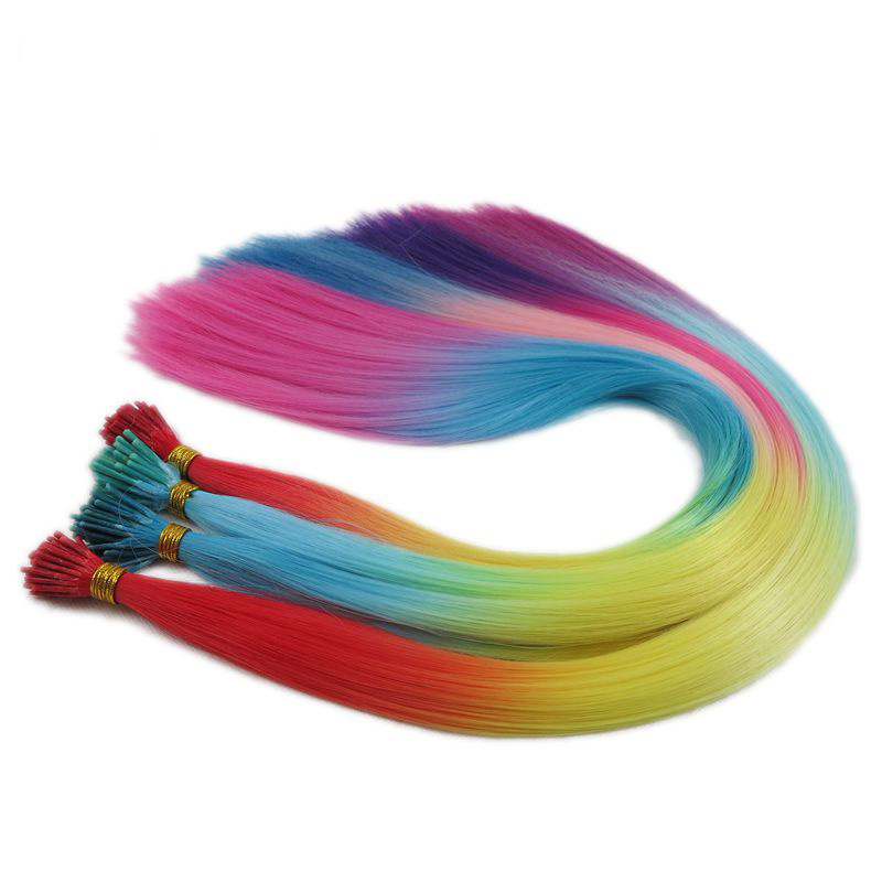 Straight Rainbow Hair 100strands 16inch Ombre Heat Resistant Synthetic I Tip Micro Ring Hair Extensions for Party