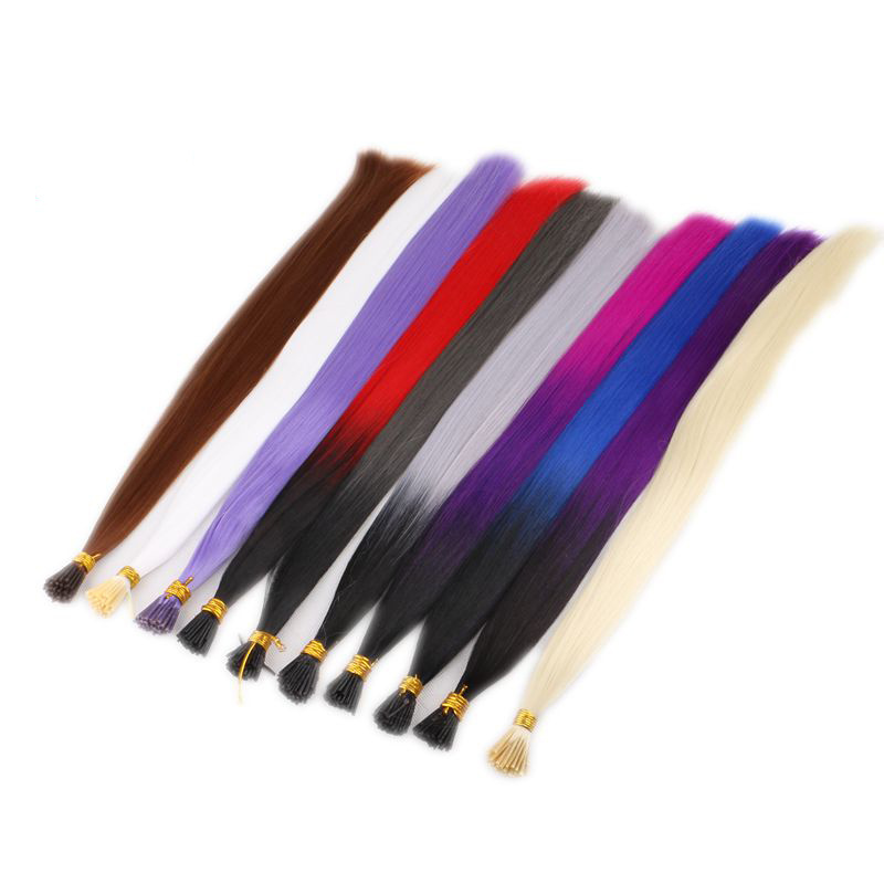 Straight Rainbow Hair 100strands 16inch Ombre Heat Resistant Synthetic I Tip Micro Ring Hair Extensions for Party