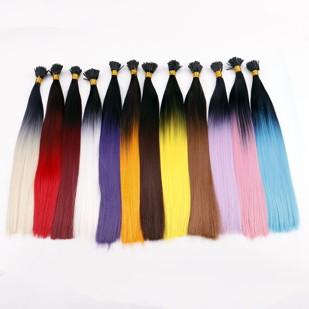 Straight Rainbow Hair 100strands 16inch Ombre Heat Resistant Synthetic I Tip Micro Ring Hair Extensions for Party