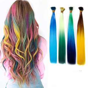 Straight Rainbow Hair 100strands 16inch Ombre Heat Resistant Synthetic I Tip Micro Ring Hair Extensions for Party