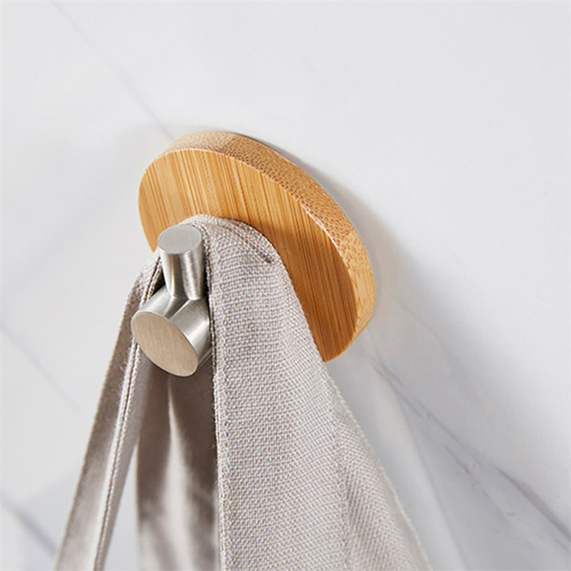 Decorative Heavy Duty Wall Coat Hooks Silver Stainless Steel Self Adhesive Wall Wooden Bamboo Base Towel Hooks