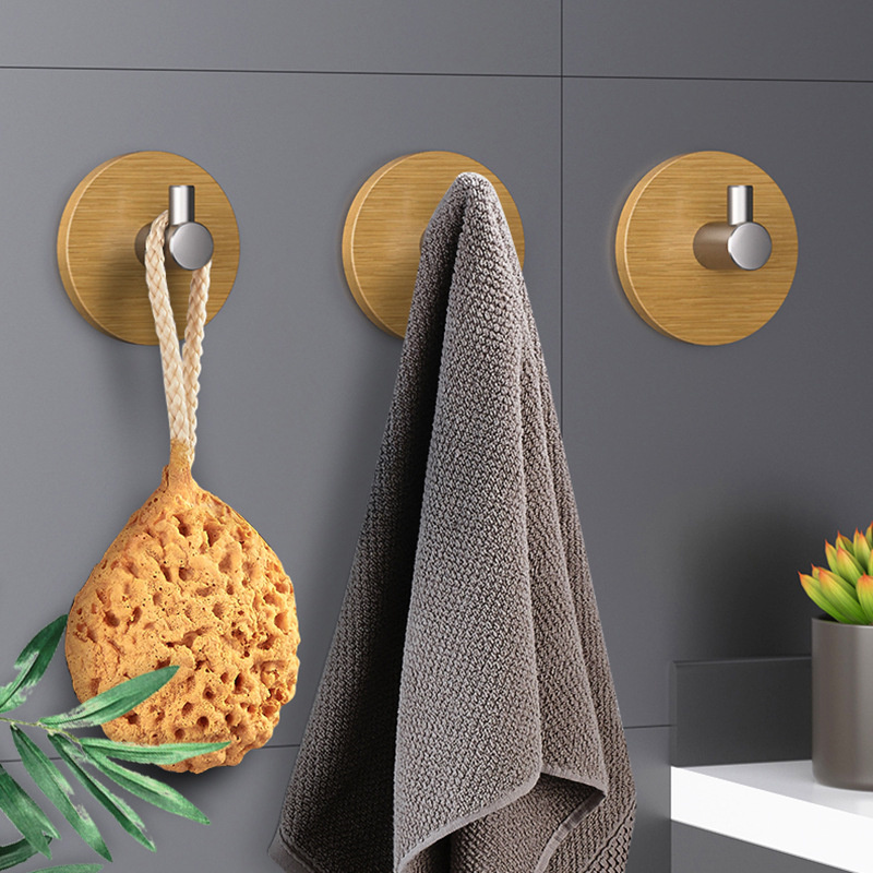 Decorative Heavy Duty Wall Coat Hooks Silver Stainless Steel Self Adhesive Wall Wooden Bamboo Base Towel Hooks