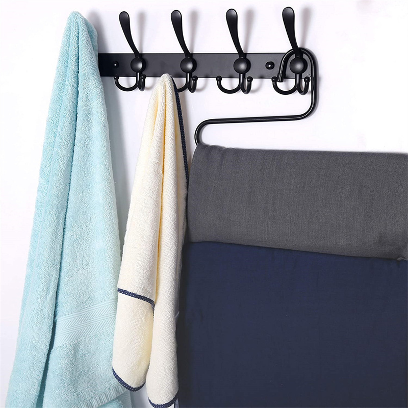 Coat Rack Wall Mount Adhesive Wall Hooks Rail Heavy Duty Wall Rack with 5 Tri Hooks for Bathroom Bedroom