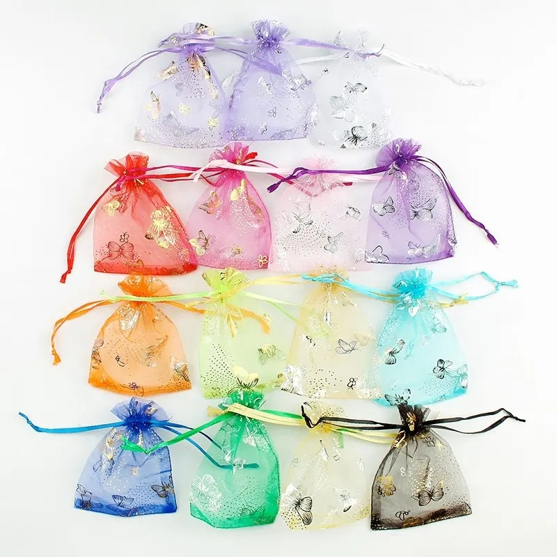 9*12 cm Organza Butterfly Drawstring Bags Butterfly Jewelry Pouches Golden Butterfly Organza Drawstring Gift Bags