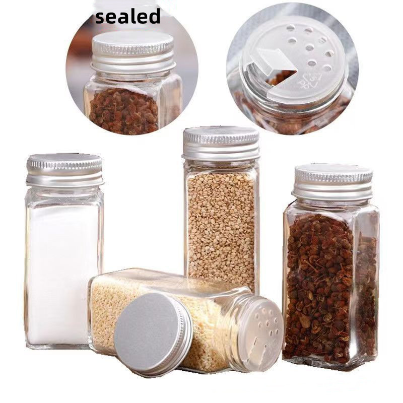 Glass Spice Jars Bottles with Spice Labels Empty Square Spice Containers Condiment Pot Shaker Lids Airtight Metal Lid