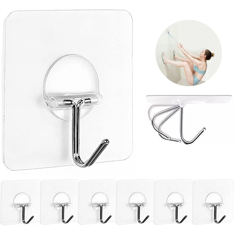 Waterproof Reusable Heavy Duty Adhesive Wall Hooks Transparent Seamless Hooks for Kitchen Bathroom Ceiling