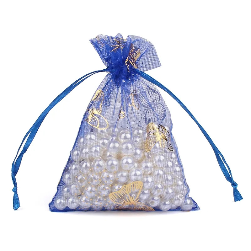 9*12 cm Organza Butterfly Drawstring Bags Butterfly Jewelry Pouches Golden Butterfly Organza Drawstring Gift Bags