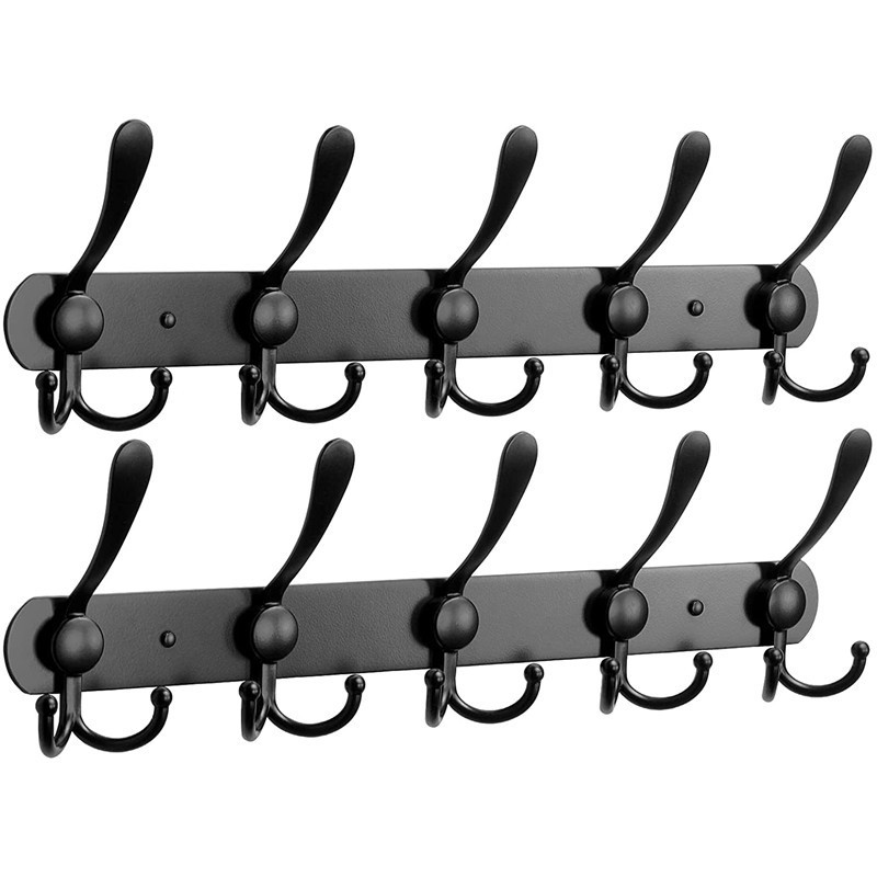 Stainless Steel Heavy Duty Coat Rail With 5 Tri Hooks Wall Mounted Black silvery Wall Hanger Clothes Hooks Coat Rack