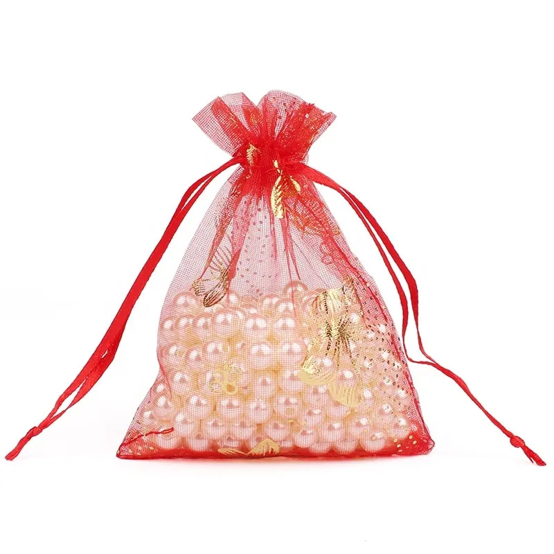 9*12 cm Organza Butterfly Drawstring Bags Butterfly Jewelry Pouches Golden Butterfly Organza Drawstring Gift Bags