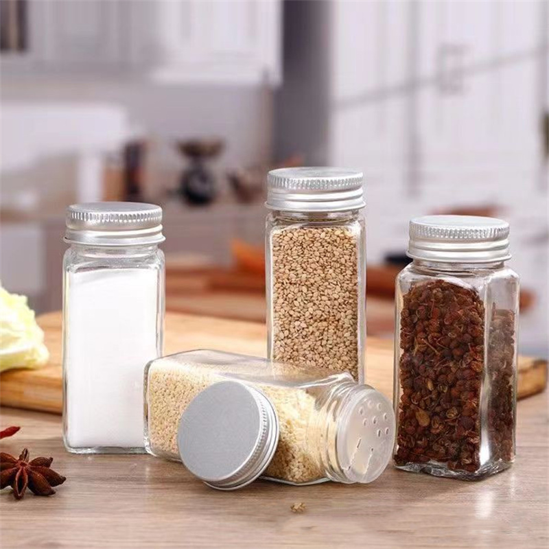 Glass Spice Jars Bottles with Spice Labels Empty Square Spice Containers Condiment Pot Shaker Lids Airtight Metal Lid