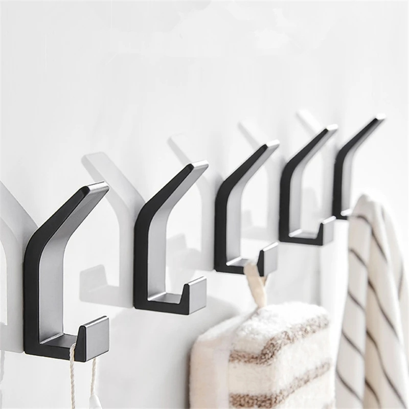 Aluminum Alloy Black Robe Hook Wall Towel Hook Self Adhesive Rustproof Hook Hanger for Bathroom Kitchen Hardware