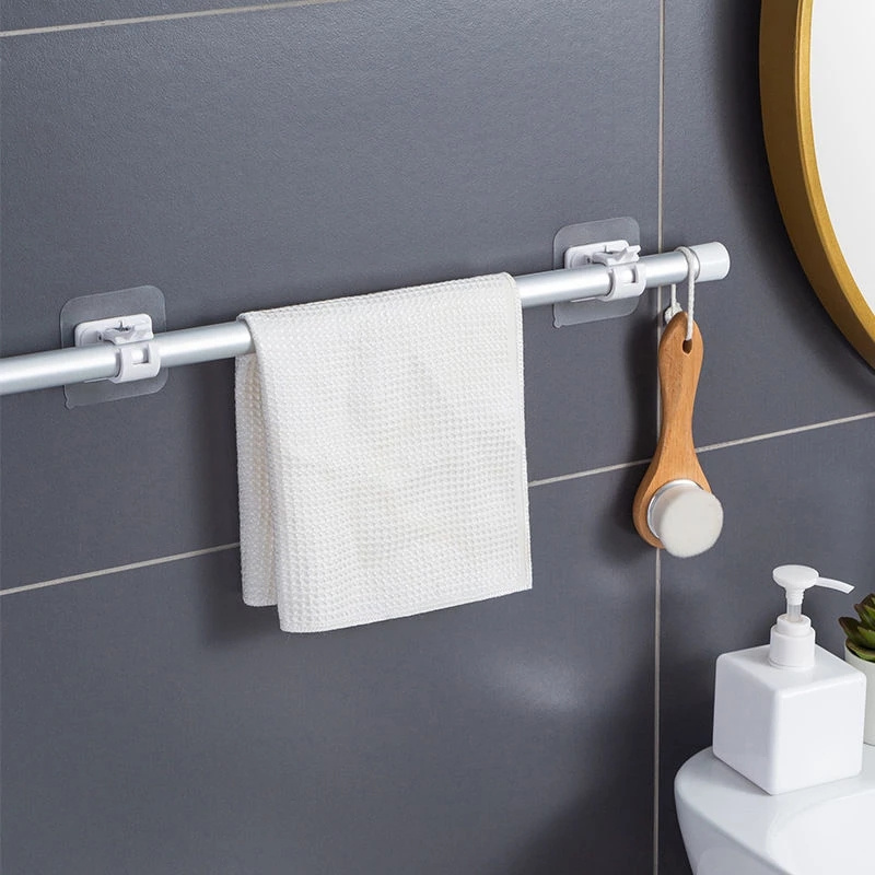 Nail-Free Adjustable PVC Plastic Square Clip-On Curtain Rod Holder Bathroom Storage Bracket Adhesive Wall Fixed Clip Clamp Hooks