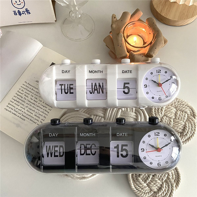 Creative Modern Digital Display Battery Powered desk table retro flip clock alarm Quartz Mood Design Showing Date Day Month