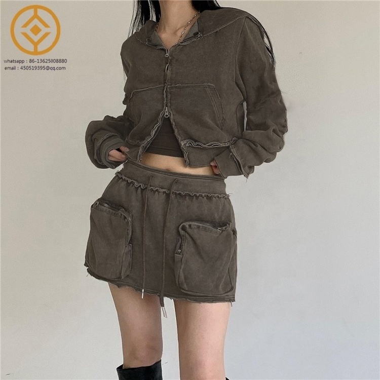 Cargo Pockets 2024 Ladies Sexy New Style Mini Skirts Crop Long Sleeve Hoodie And Skirt Set Woman Mini Skirt Sets