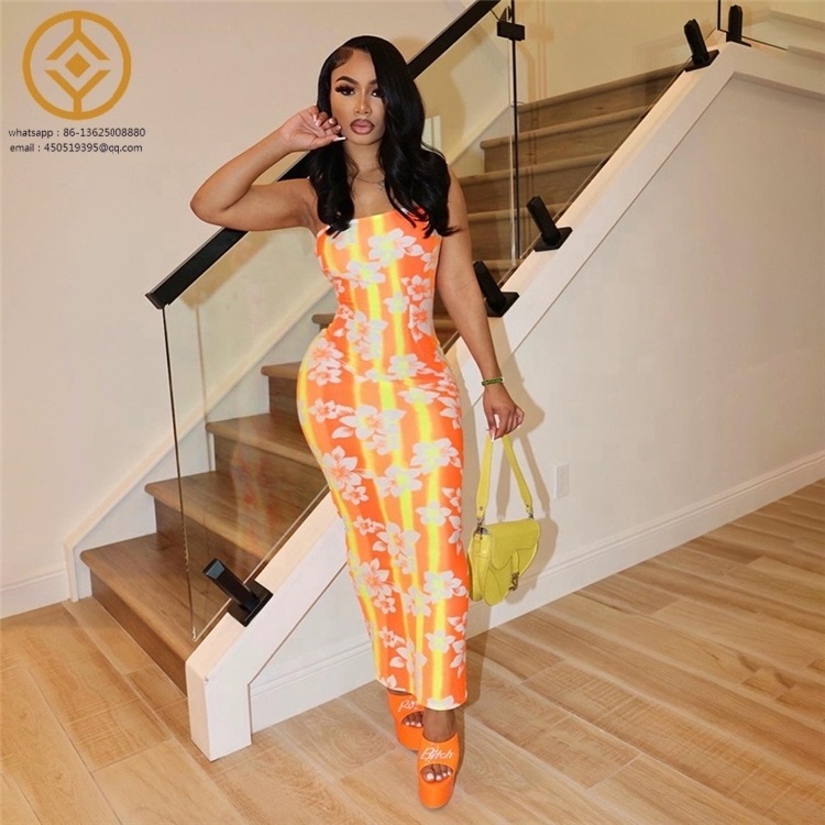 H3D32588 Printed tube dress casual sleeveless bodycon collarless maxi dress ladies stretch slim dress