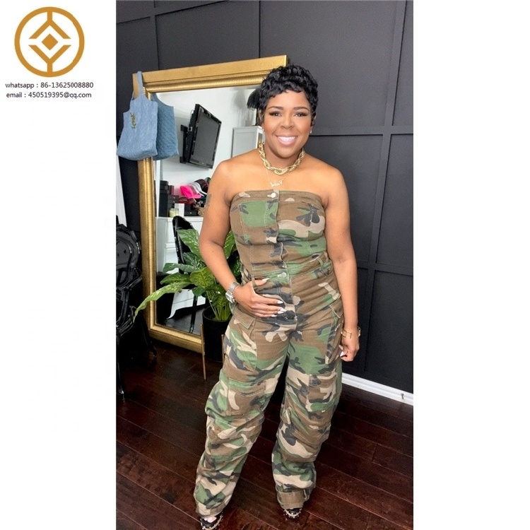 New women's fashion camouflage pocket casual jumpsuit